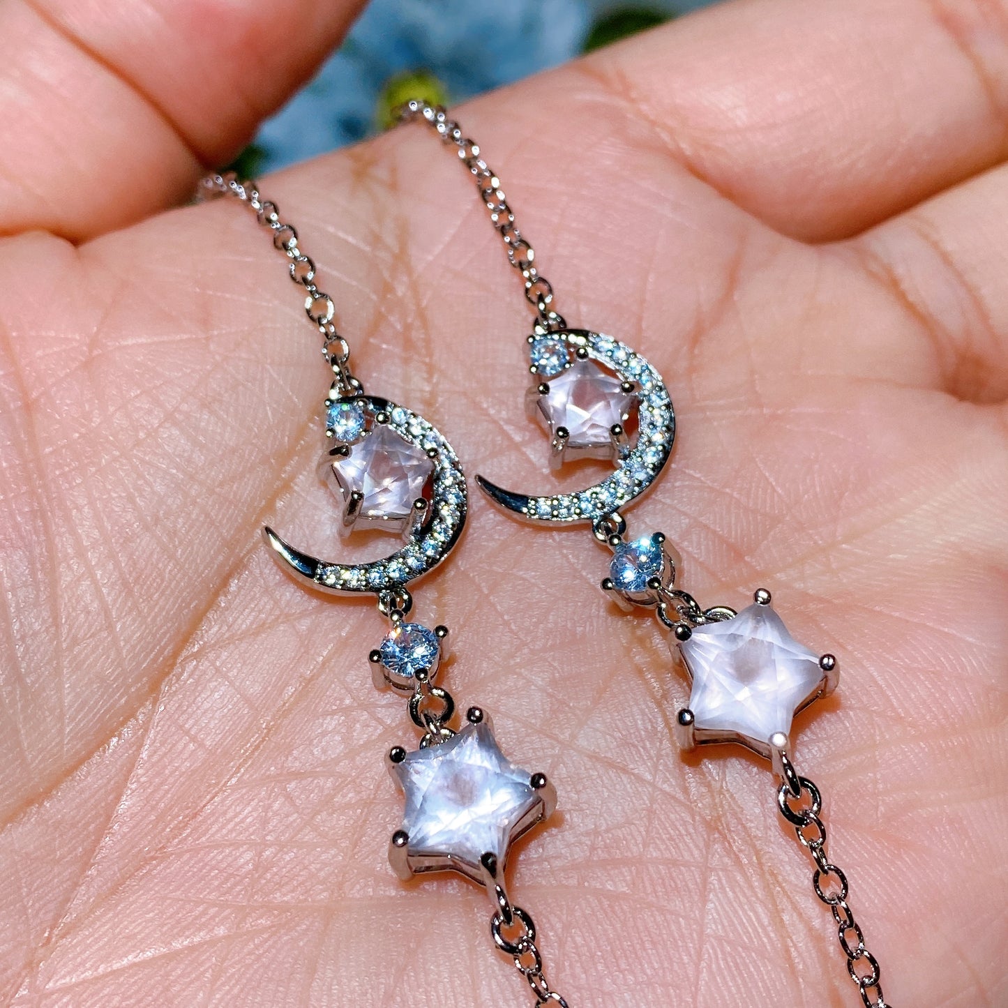 Cooper Silver Plated Rose Quartz Moon & Star Bracelet Crystal Healing Bulk Wholesale