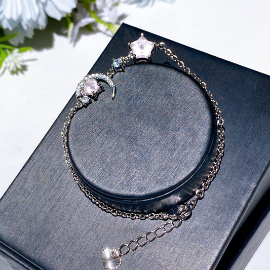 Cooper Silver Plated Rose Quartz Moon & Star Bracelet Crystal Healing Bulk Wholesale