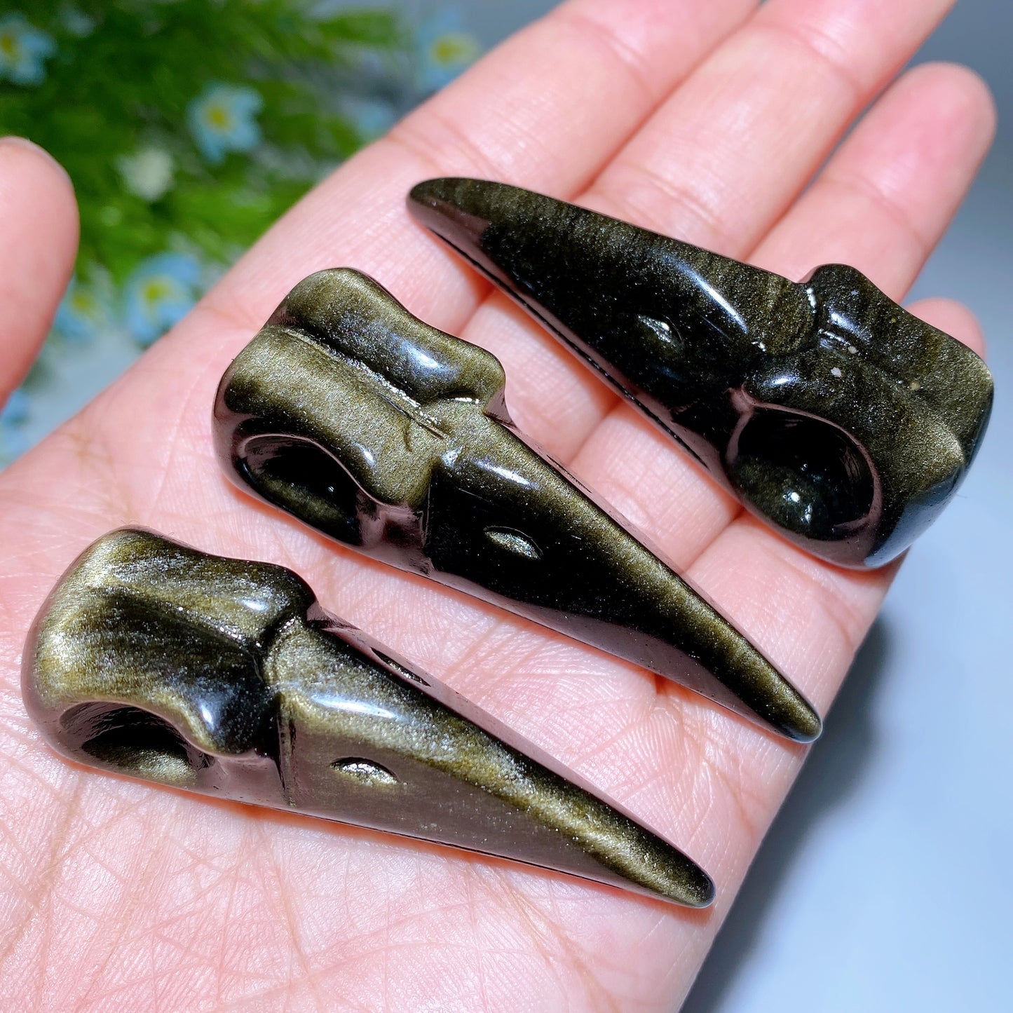 2.3" Golden Obsidian Silver Obsidian Raven Skull Carvings Bulk Wholesale