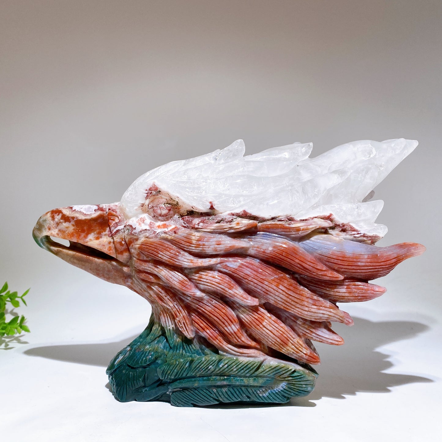 30cm Large Unique Ocean Jasper Growing with Quartz Eagle Head Carving Crystal Healing Bulk Wholesale
