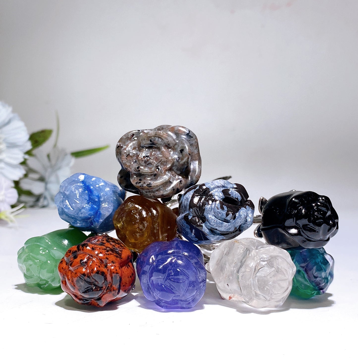 Crystal Rose Flower Carving with Silver Metal Stem Crystal Healing Bulk Wholesale
