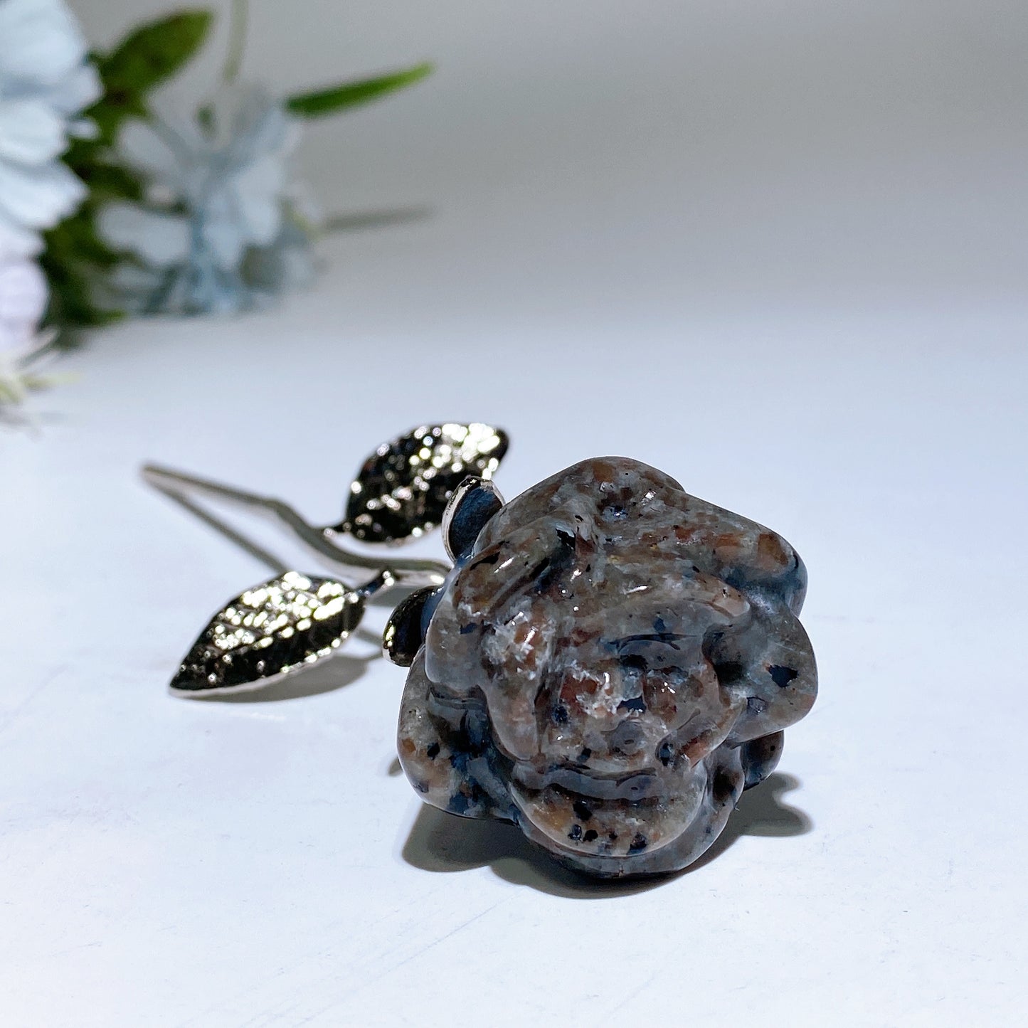 Crystal Rose Flower Carving with Silver Metal Stem Crystal Healing Bulk Wholesale