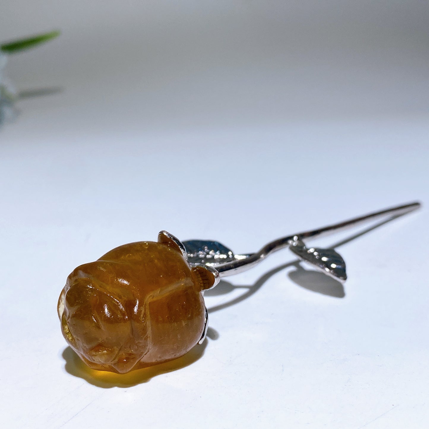 Crystal Rose Flower Carving with Silver Metal Stem Crystal Healing Bulk Wholesale