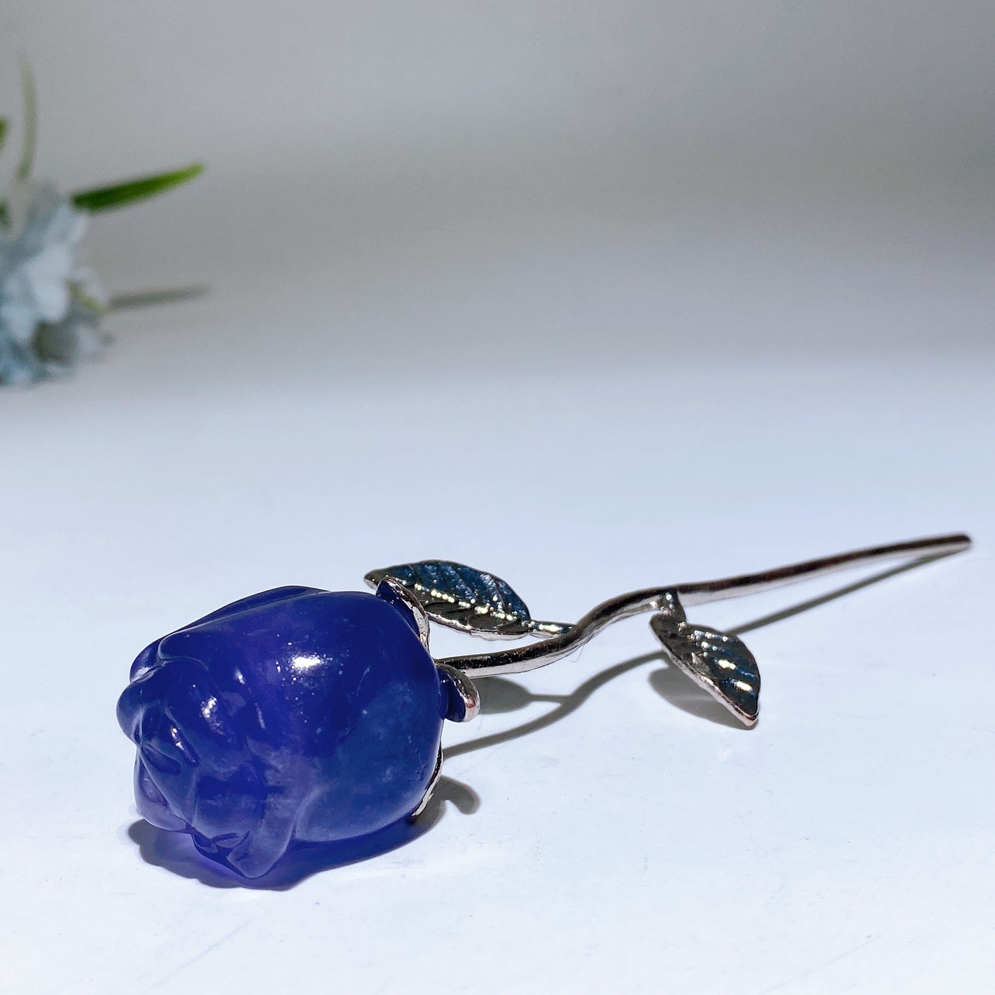 Crystal Rose Flower Carving with Silver Metal Stem Crystal Healing Bulk Wholesale