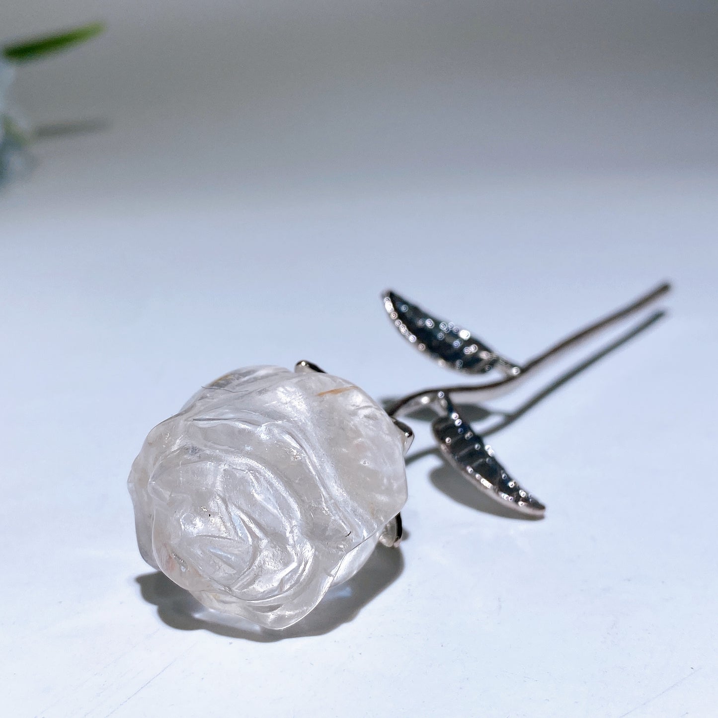 Crystal Rose Flower Carving with Silver Metal Stem Crystal Healing Bulk Wholesale