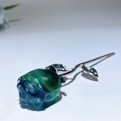 Crystal Rose Flower Carving with Silver Metal Stem Crystal Healing Bulk Wholesale