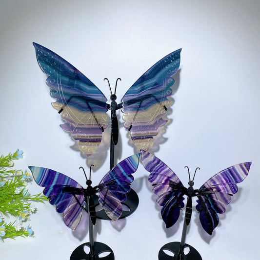 12-22cm Rainbow Fluorite Butterfly Wings Carvings with Stand Free Form