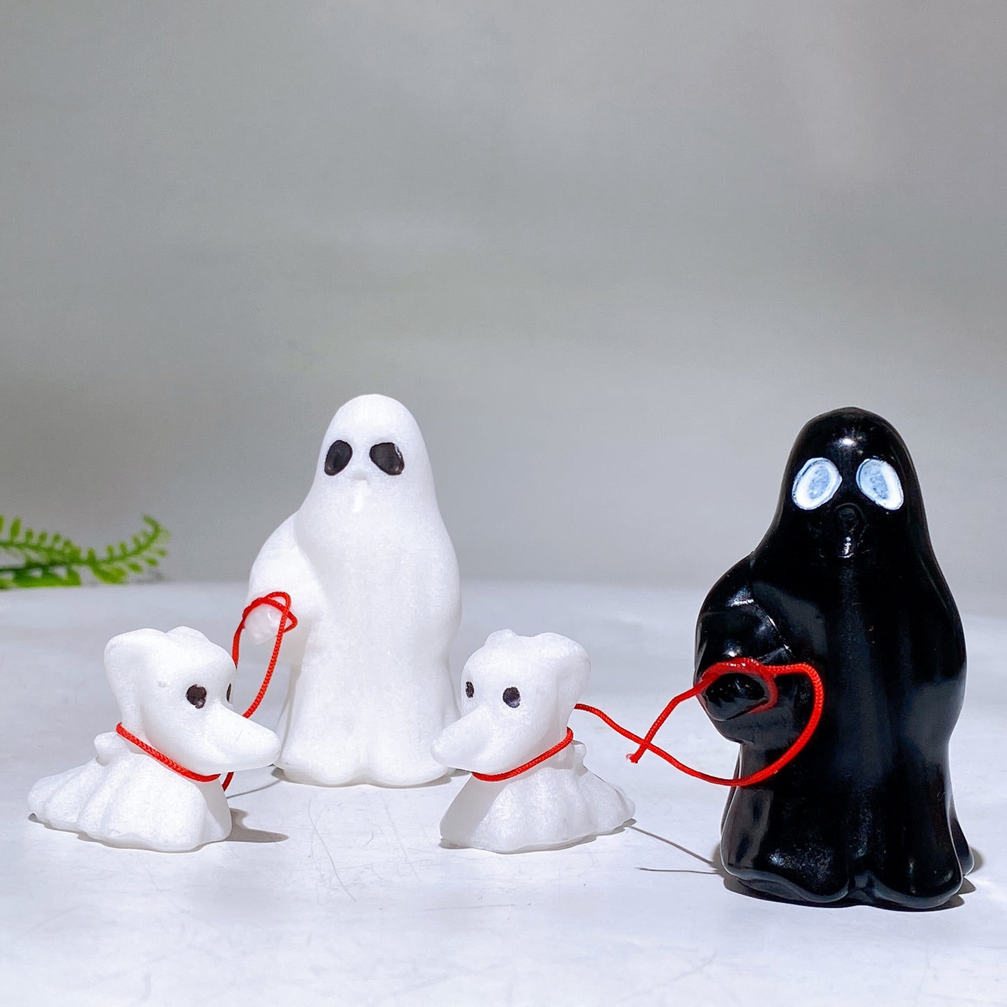 White Jade Black Obsidian Ghost with Zero Dog Carving for Halloween Wholesale