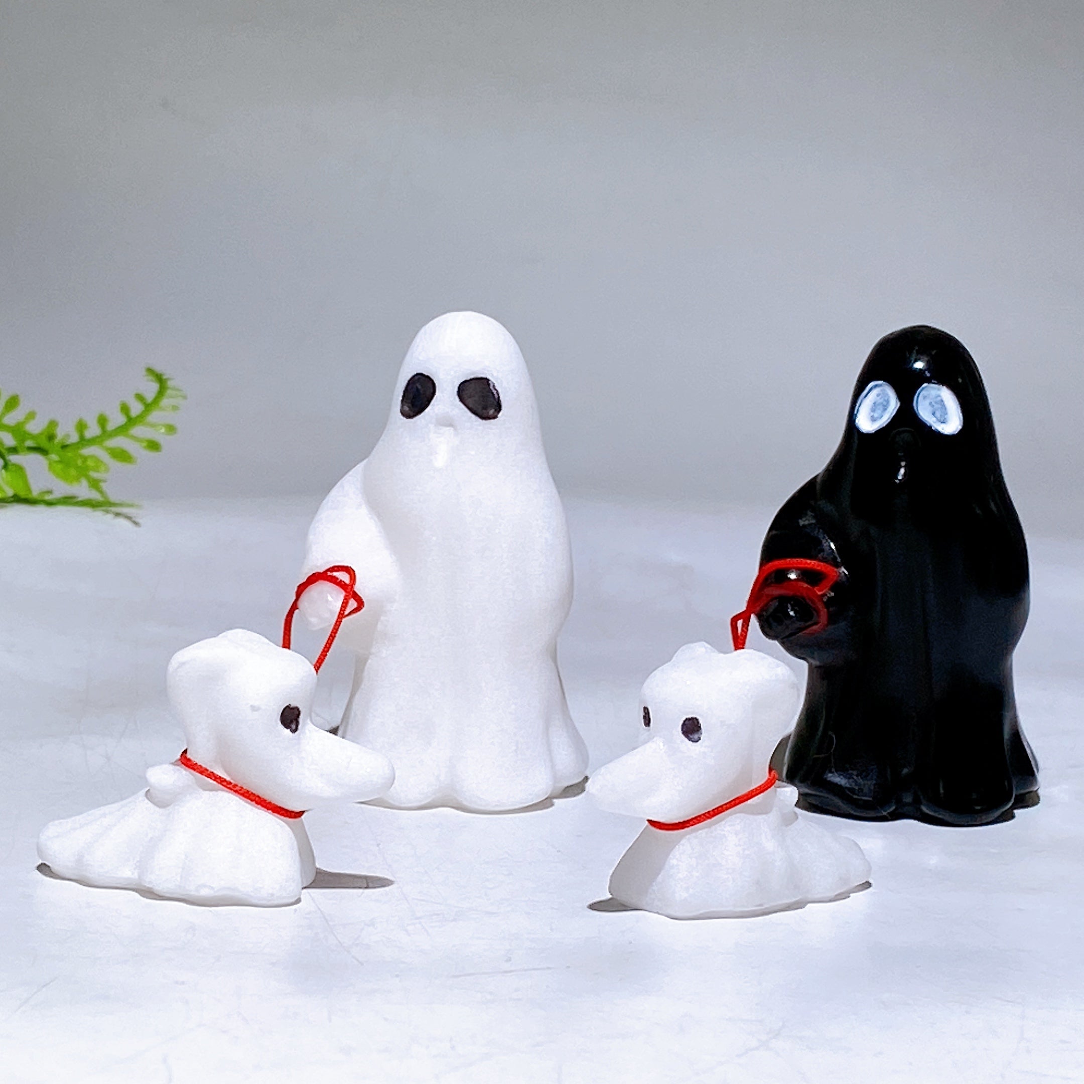 White Jade Black Obsidian Ghost with Zero Dog Carving for Halloween Wh