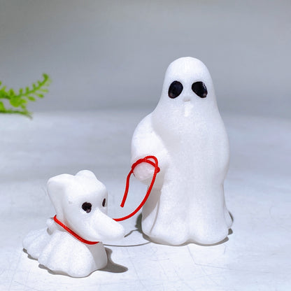 White Jade Black Obsidian Ghost with Zero Dog Carving for Halloween Wholesale