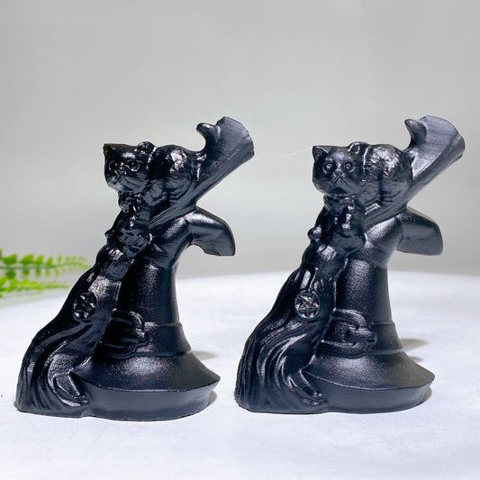 3.6" Black Obsidian Cat on Witch's Hat Broom Carving for Halloween Wholesale