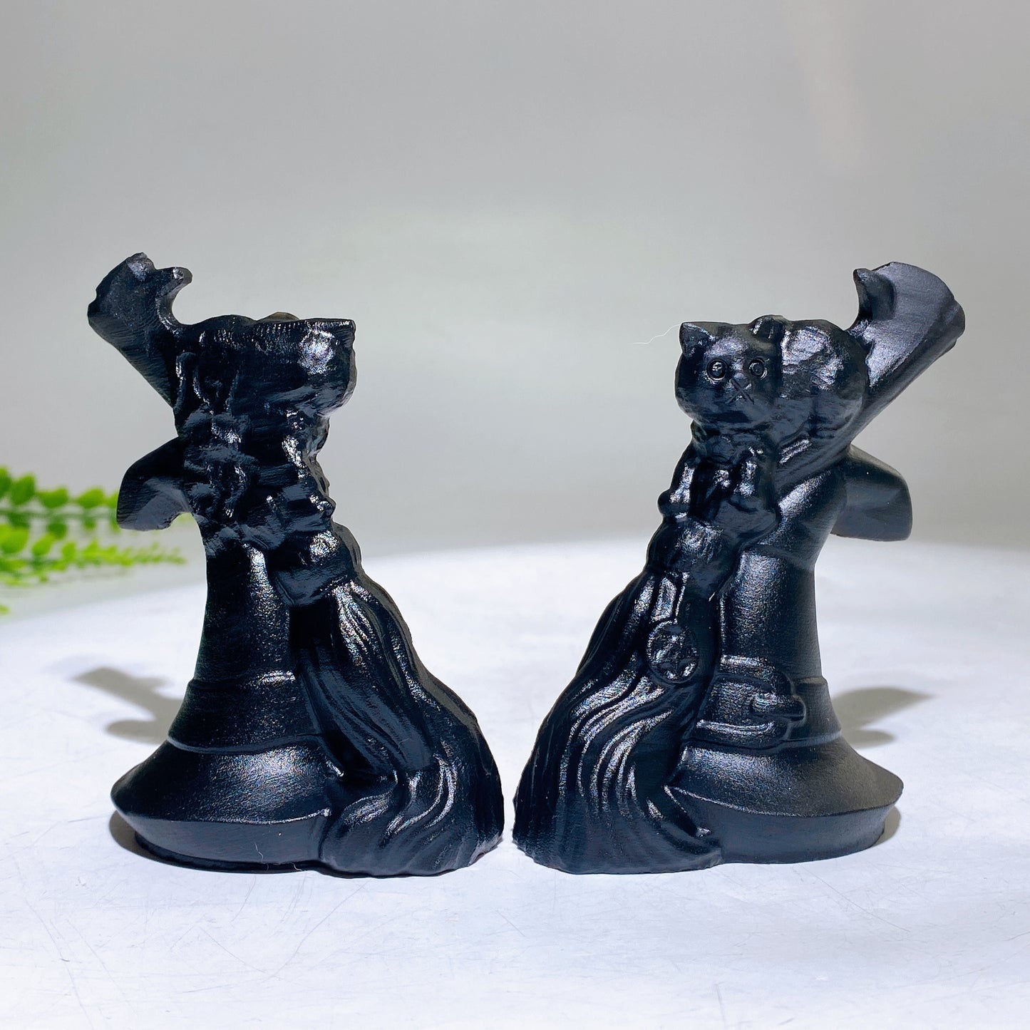 3.6" Black Obsidian Cat on Witch's Hat Broom Carving for Halloween Wholesale