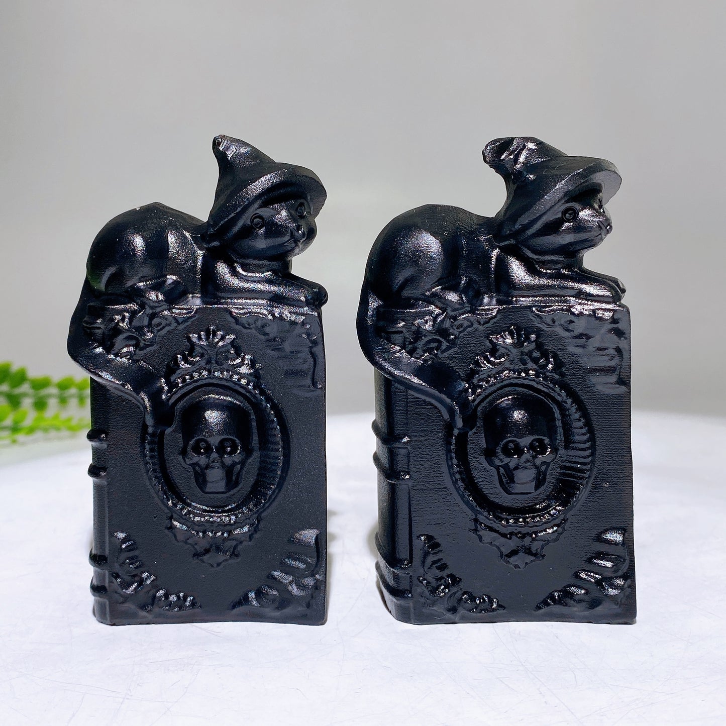3.9" Black Obsidian Cat on Skull Decor Book for Halloween Wholesale