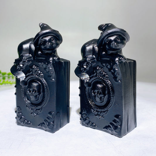 3.9" Black Obsidian Cat on Skull Decor Book for Halloween Wholesale
