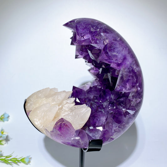 Large Unique Amethyst Geode Grow with UV Reactive Calcite with Stand Free Form Crystal Healing