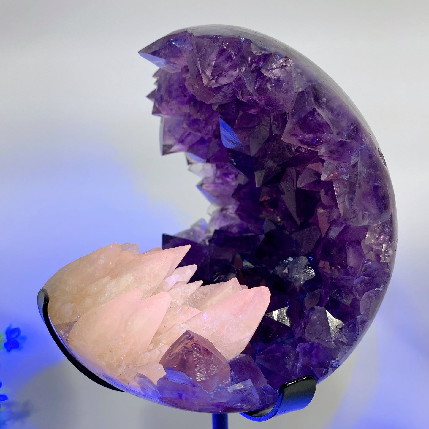 Large Unique Amethyst Geode Grow with UV Reactive Calcite with Stand Free Form