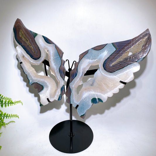 Large Unqiue Natural Druzy Agate Butterfly Wings with Stand Wholesale