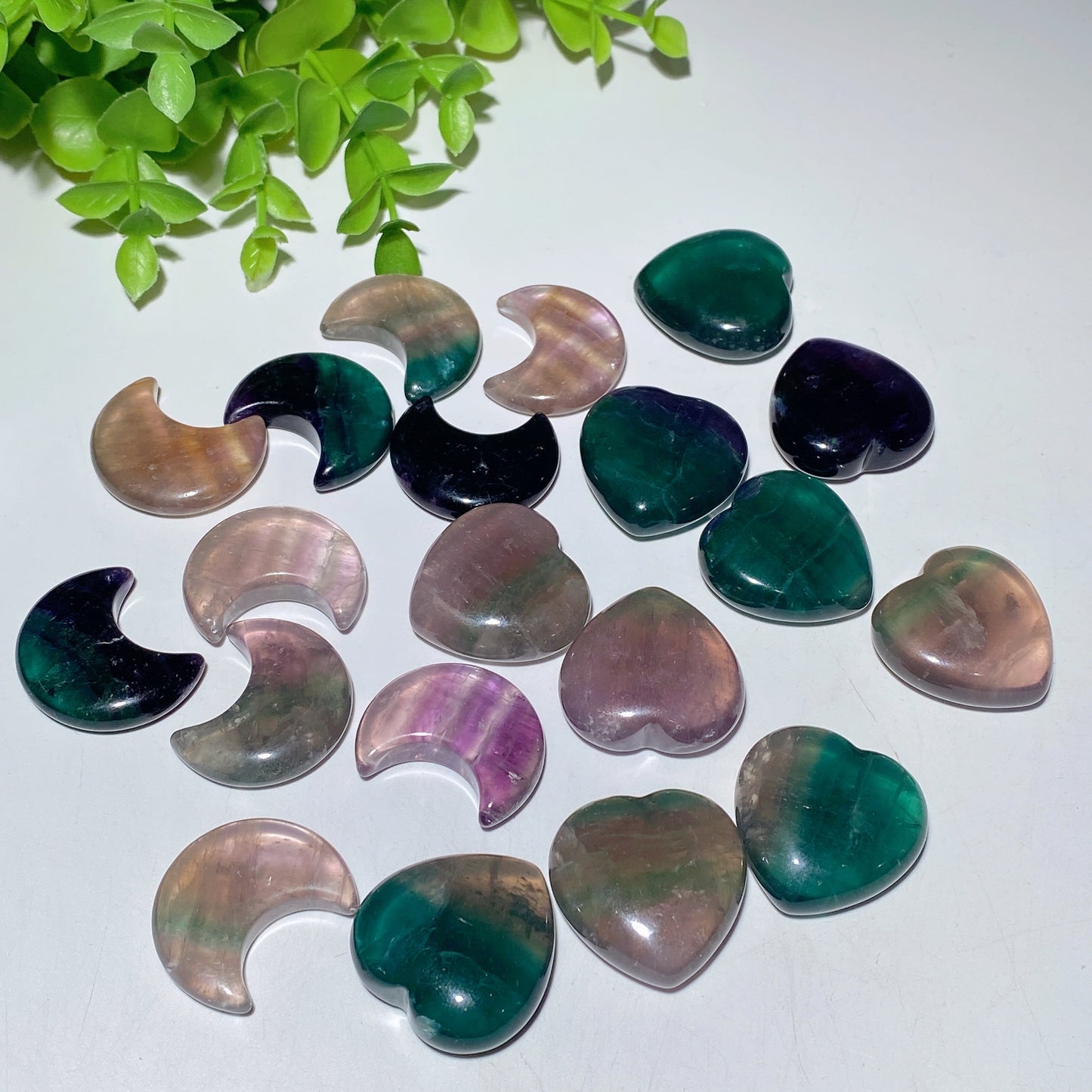 1.1" Fluorite Heart Moon Carvings Bulk Wholesale