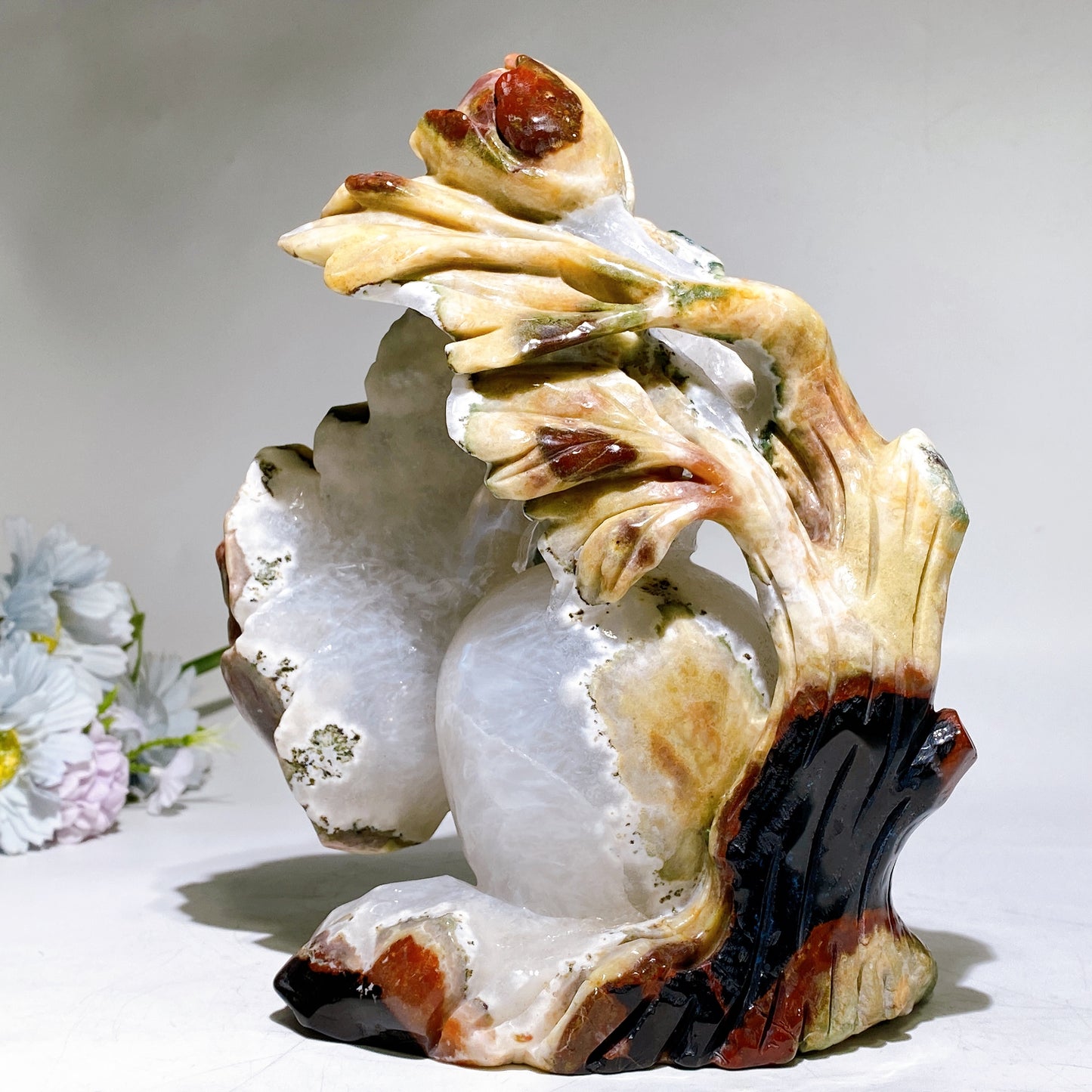 21cm Large Unique Agate Quartz Skull Grow with Ocean Jasper Peony Carving Crystal Healing Bulk Wholesale