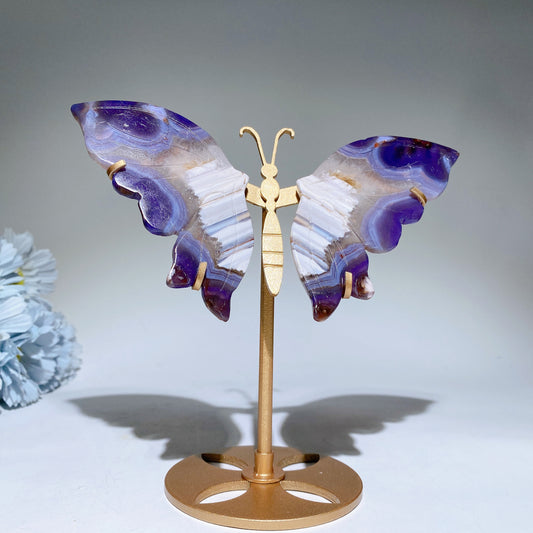 Banded Purple Agate Butterfly Wings Carvings with Stand Bulk Wholesale