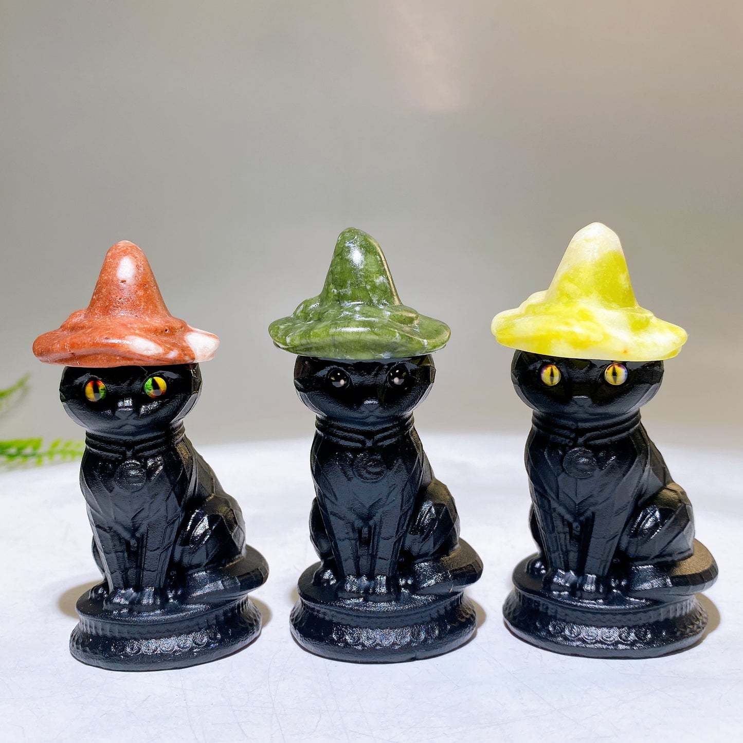 3.3" Black Obsidian White Jade Cat with Witch's Hat Carving for Halloween Wholesale
