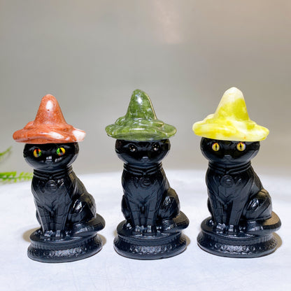 3.3" Black Obsidian White Jade Cat with Witch's Hat Carving for Halloween Wholesale