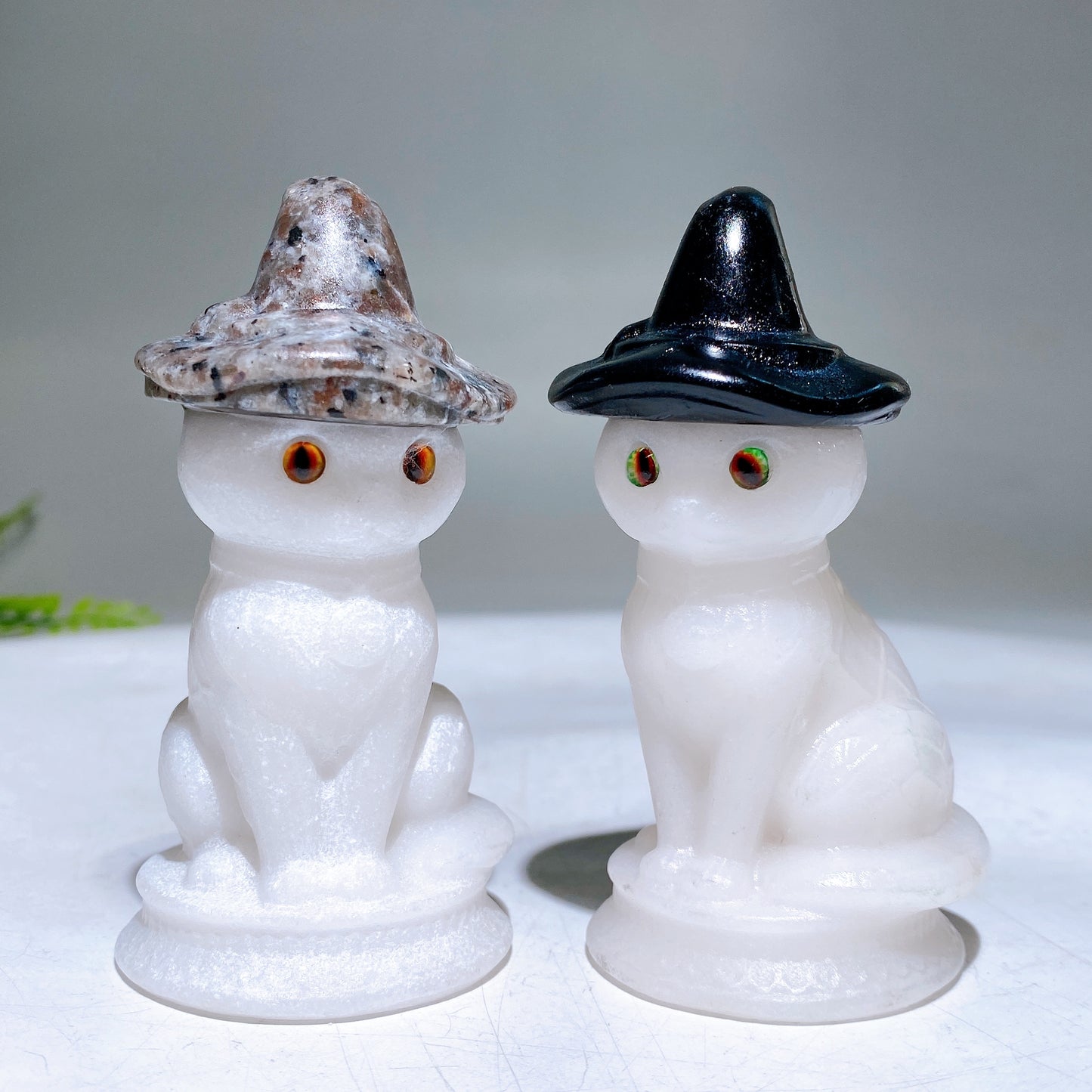 3.3" Black Obsidian White Jade Cat with Witch's Hat Carving for Halloween Wholesale