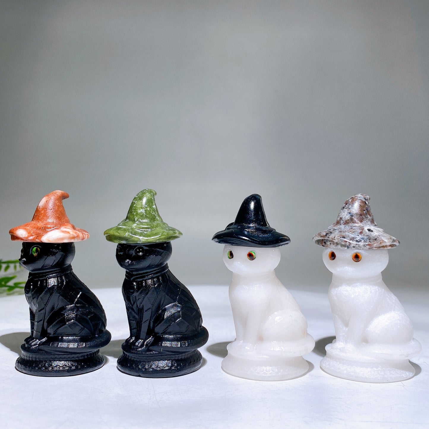 3.3" Black Obsidian White Jade Cat with Witch's Hat Carving for Halloween Wholesale