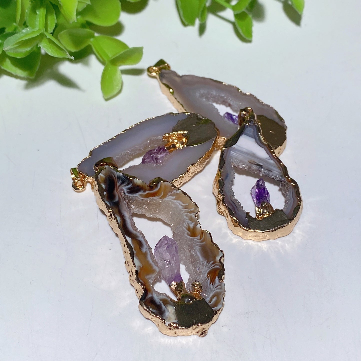 Irregular Shape Druzy Agate Amethyst Pendant with Golden Rim Bulk Wholesale