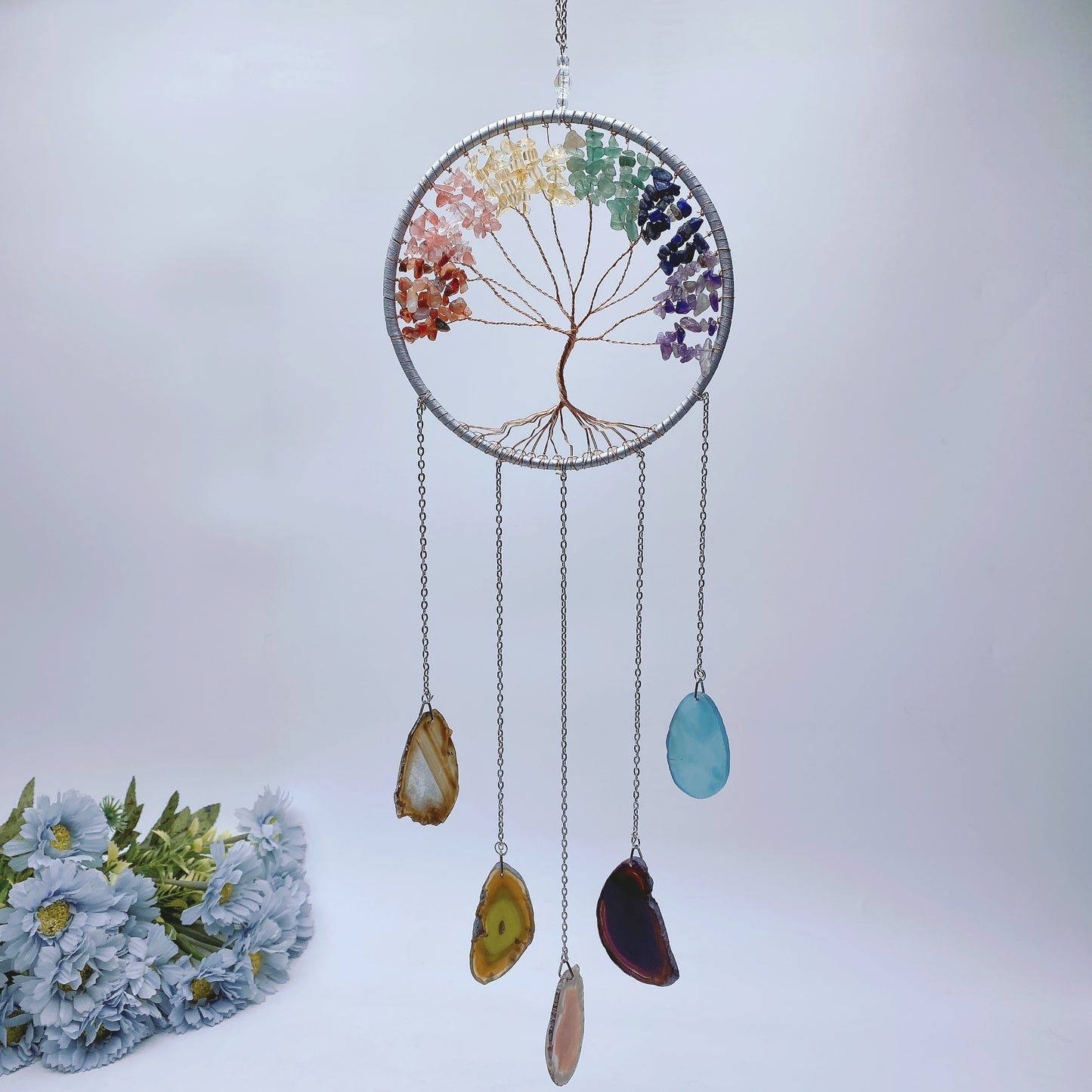 45-60cm Chakra Crystal Chips Life Tree with Colorful Agate Slabs Dreamcatcher Chime Crystal Healing Bulk Wholesale