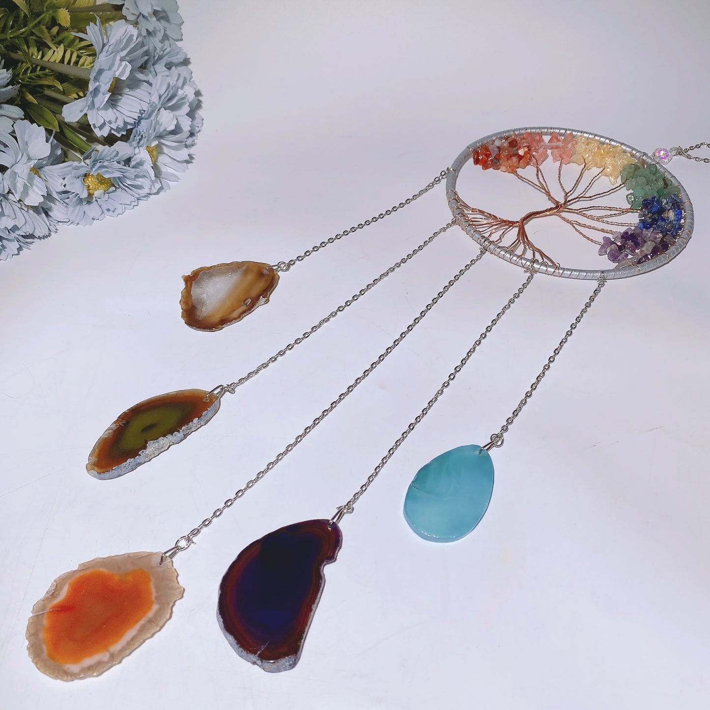 45-60cm Chakra Crystal Chips Life Tree with Colorful Agate Slabs Dreamcatcher Chime Crystal Healing Bulk Wholesale