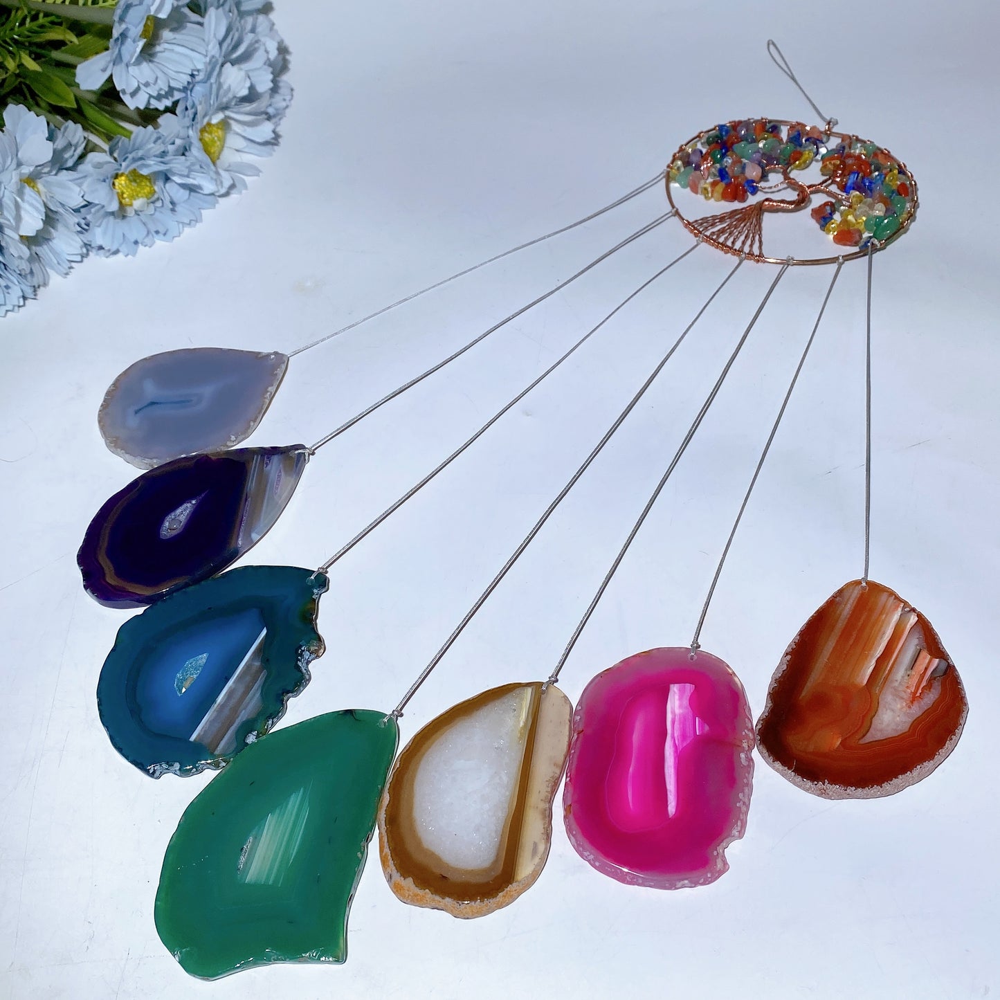 45-60cm Chakra Crystal Chips Life Tree with Colorful Agate Slabs Dreamcatcher Chime Crystal Healing Bulk Wholesale