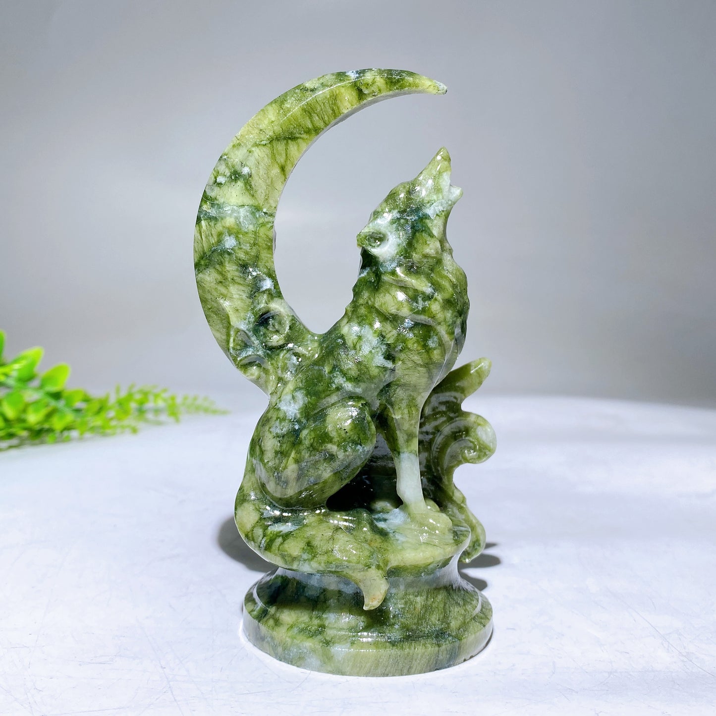 4.7" Natural Serpentine Wolf with Moon Carving Wholesale