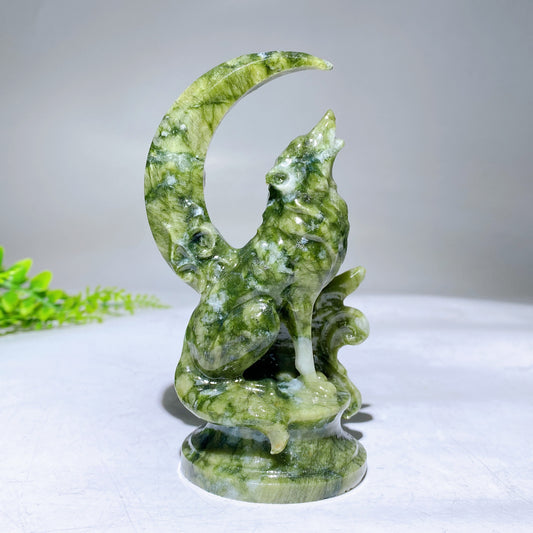 4.7" Natural Serpentine Wolf with Moon Carving Wholesale