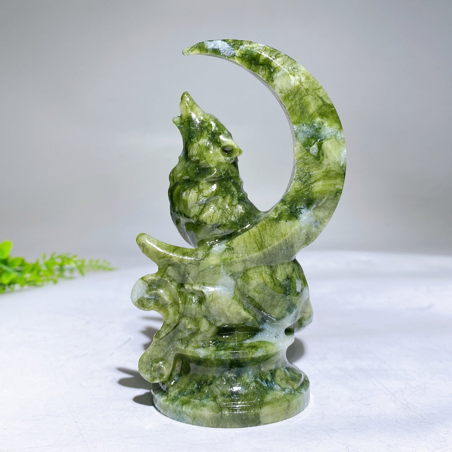 4.7" Natural Serpentine Wolf with Moon Carving Wholesale