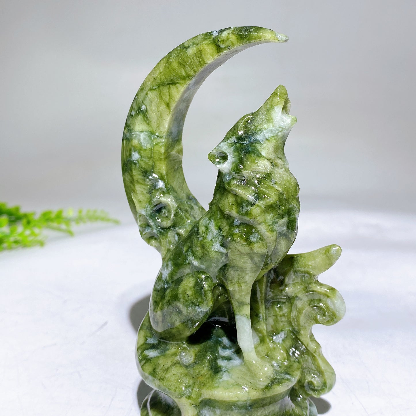 4.7" Natural Serpentine Wolf with Moon Carving Wholesale