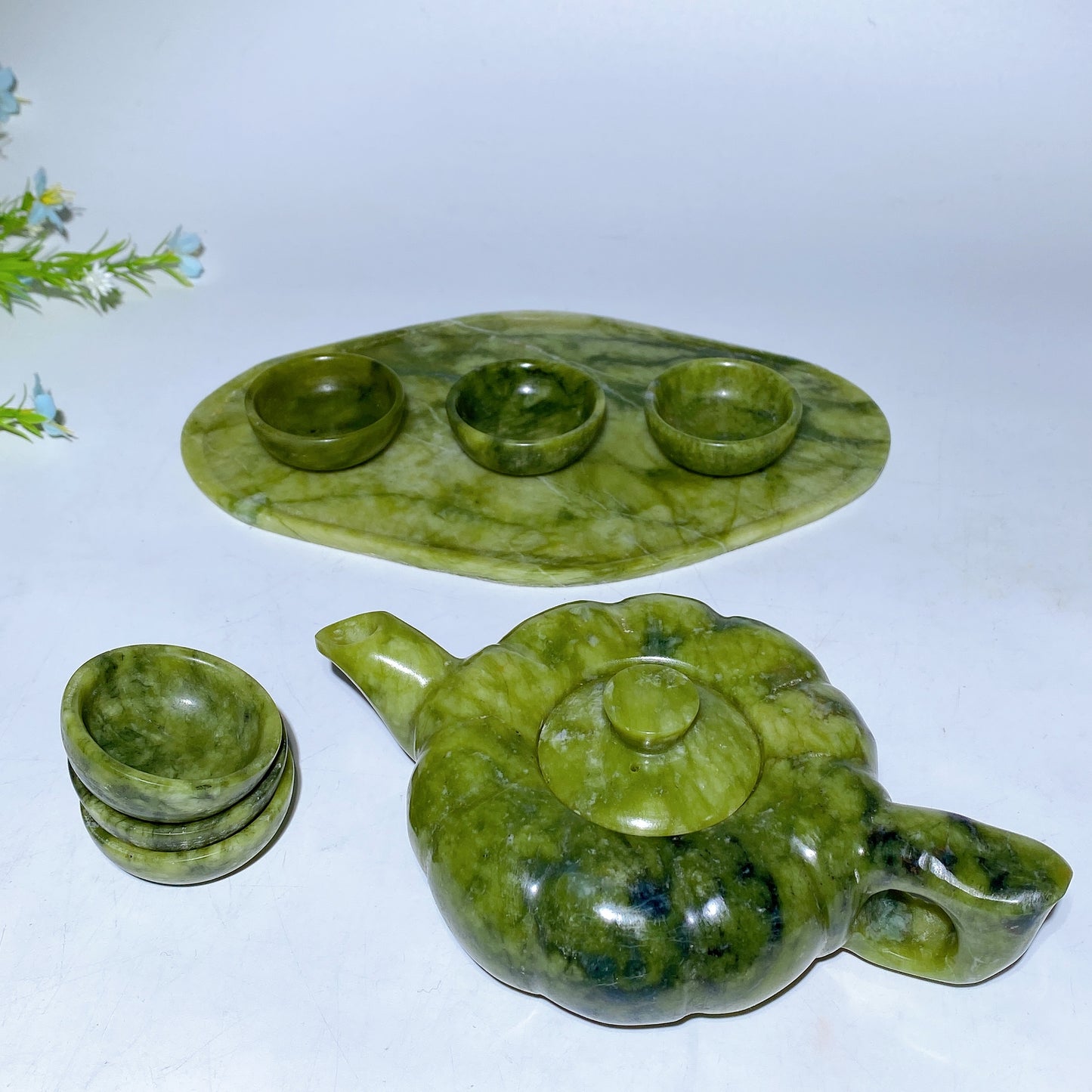 Serpentine Teaware Set Carvings with Giftbox Bulk Wholesale