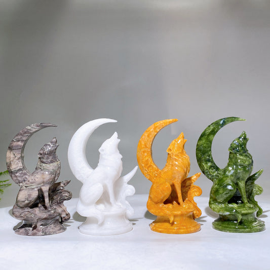 4.5" Natural Crystal Wolf with Moon Carving Wholesale