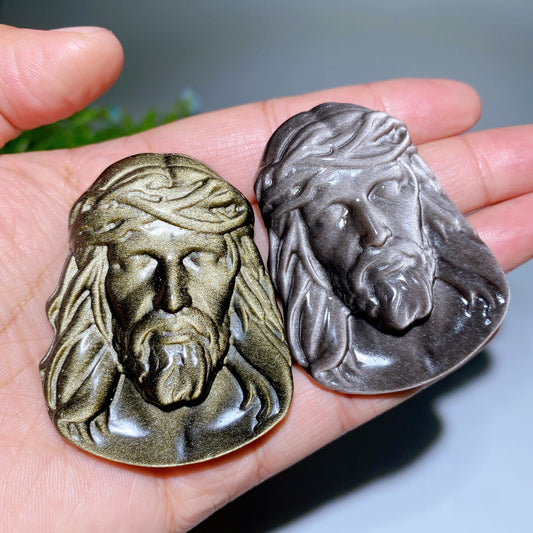 2.2" Silver Obsidian Golden Obsidian Man Face Carvings Bulk Wholesale