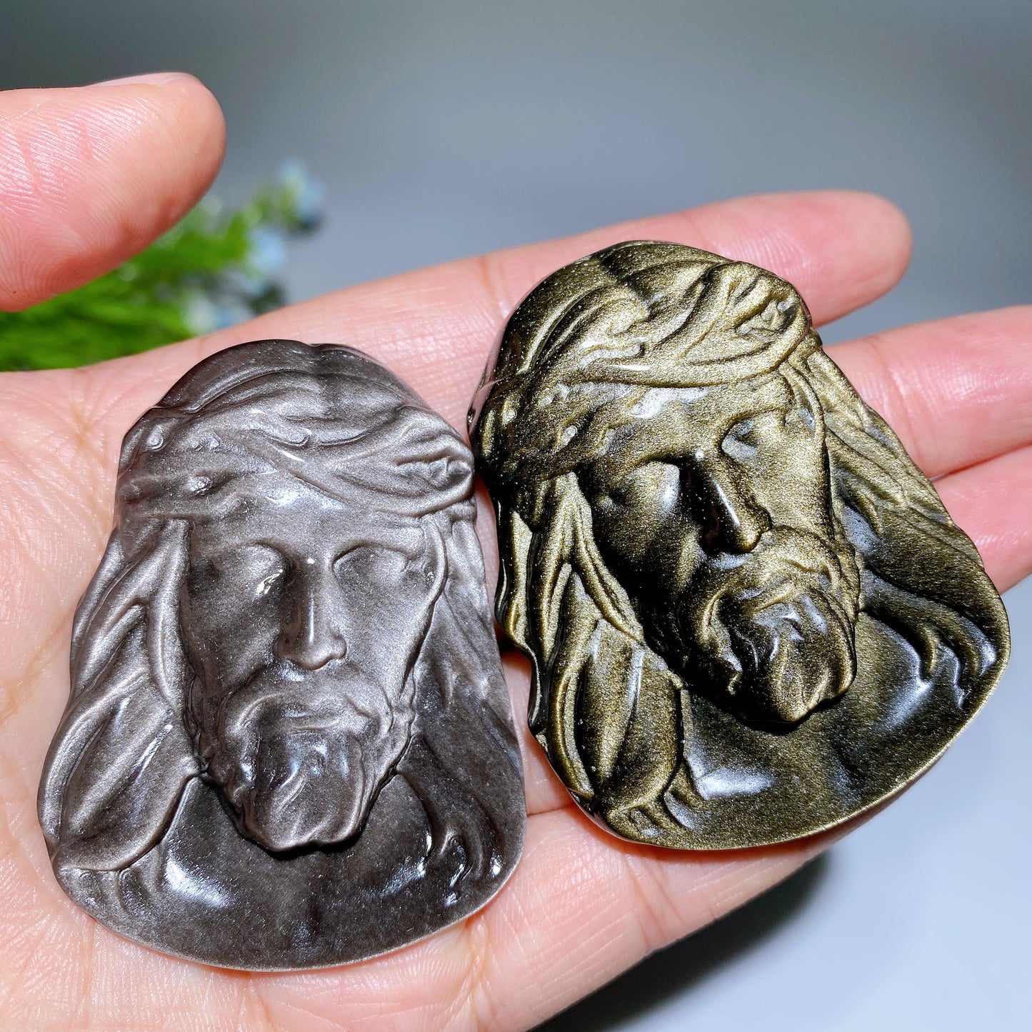 2.2" Silver Obsidian Golden Obsidian Man Face Carvings Bulk Wholesale