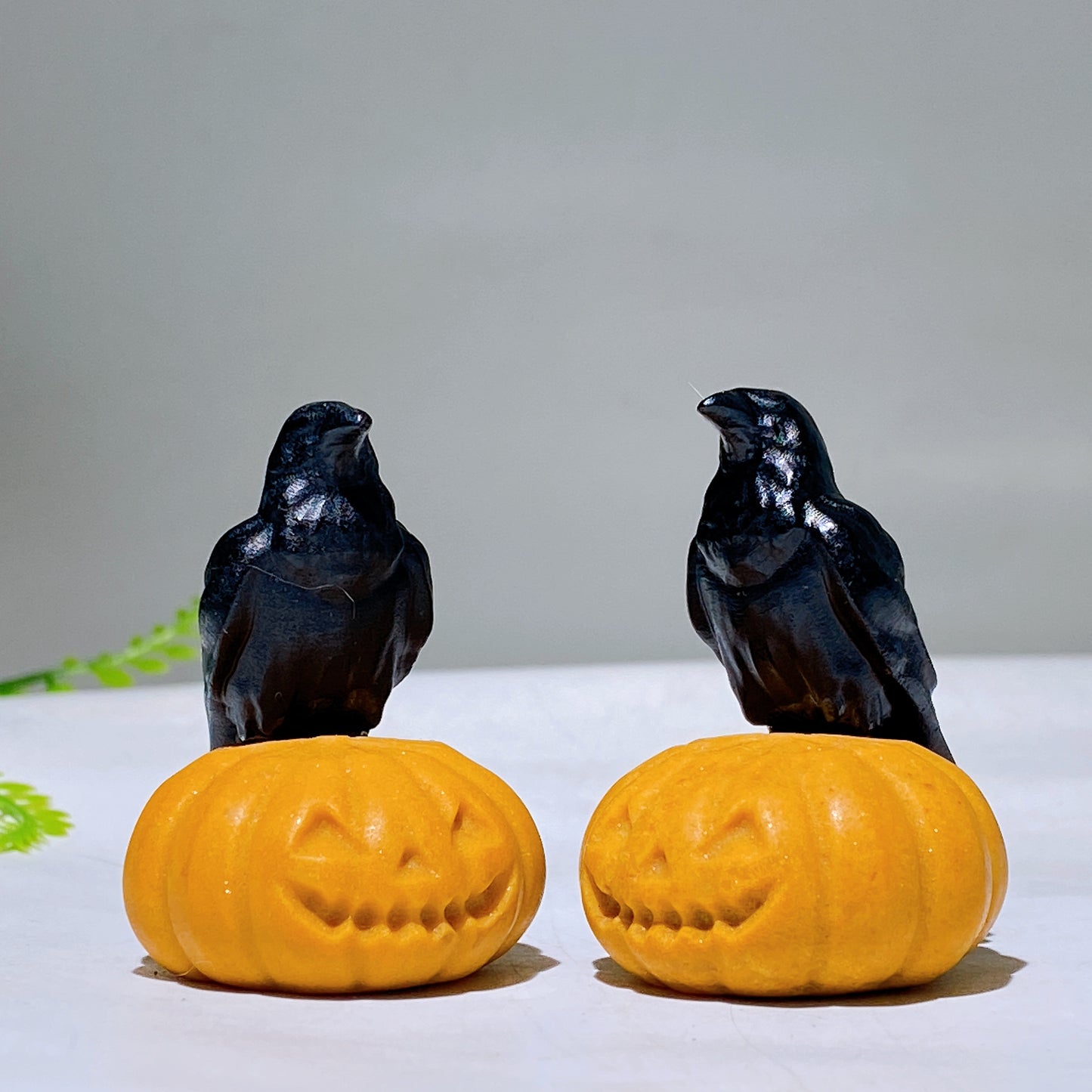 1.9" Natural Black Obsidian Raven on Yellow Jade Pumpkin Carving for Halloween Wholesale