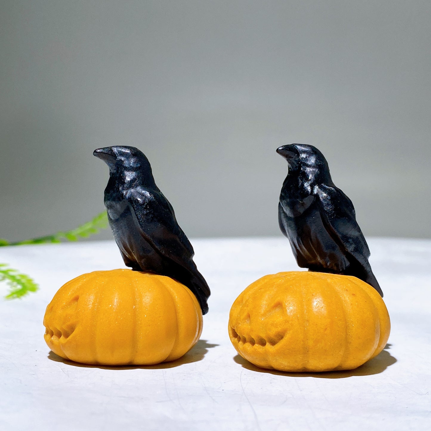 1.9" Natural Black Obsidian Raven on Yellow Jade Pumpkin Carving for Halloween Wholesale