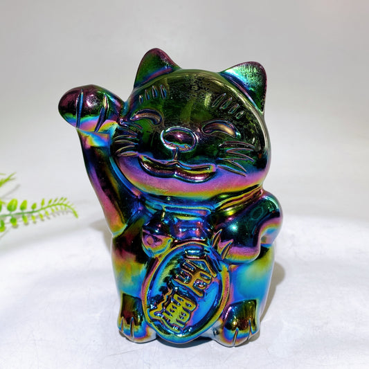 14cm Aura Dark Rainbow Black Obsidian Fortune Cat Carving Wholesale