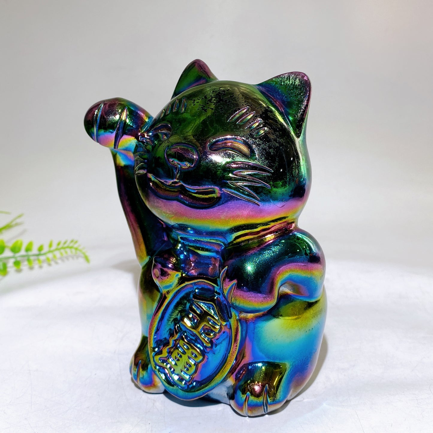 14cm Aura Dark Rainbow Black Obsidian Fortune Cat Carving Wholesale
