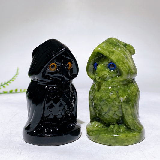 3.2" Black Obsidian Serpentine Owl with Cloark Carving Wholesale