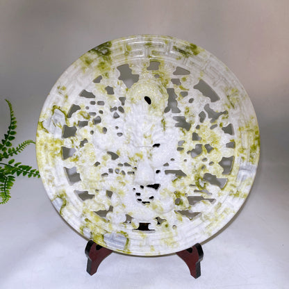 30cm Large Natrual Serpentine Hollowed Dragon Round Plate Carving with Stand Wholesale New Arrival
