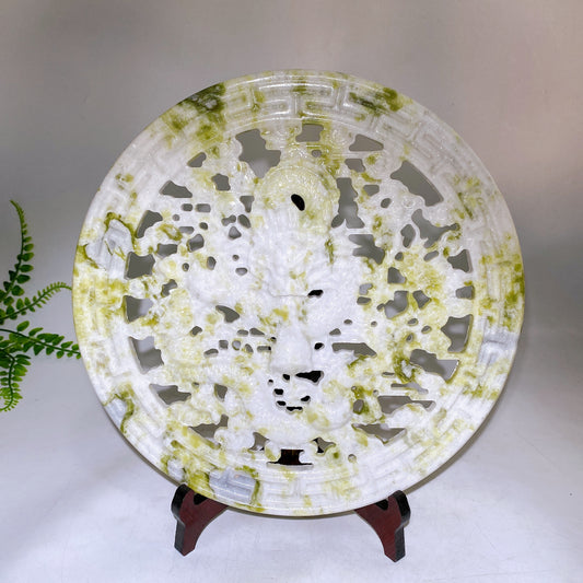 30cm Large Natrual Serpentine Hollowed Dragon Round Plate Carving with Stand Wholesale New Arrival