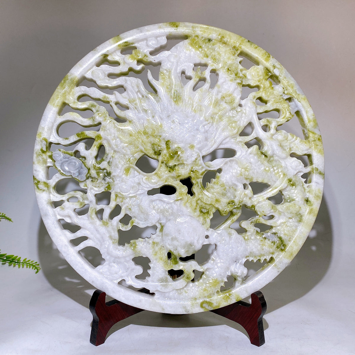 30cm Large Natrual Serpentine Hollowed Dragon Round Plate Carving with Stand Wholesale New Arrival