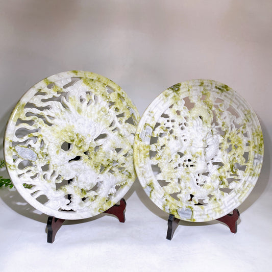 30cm Large Natrual Serpentine Hollowed Dragon Round Plate Carving with Stand Wholesale New Arrival