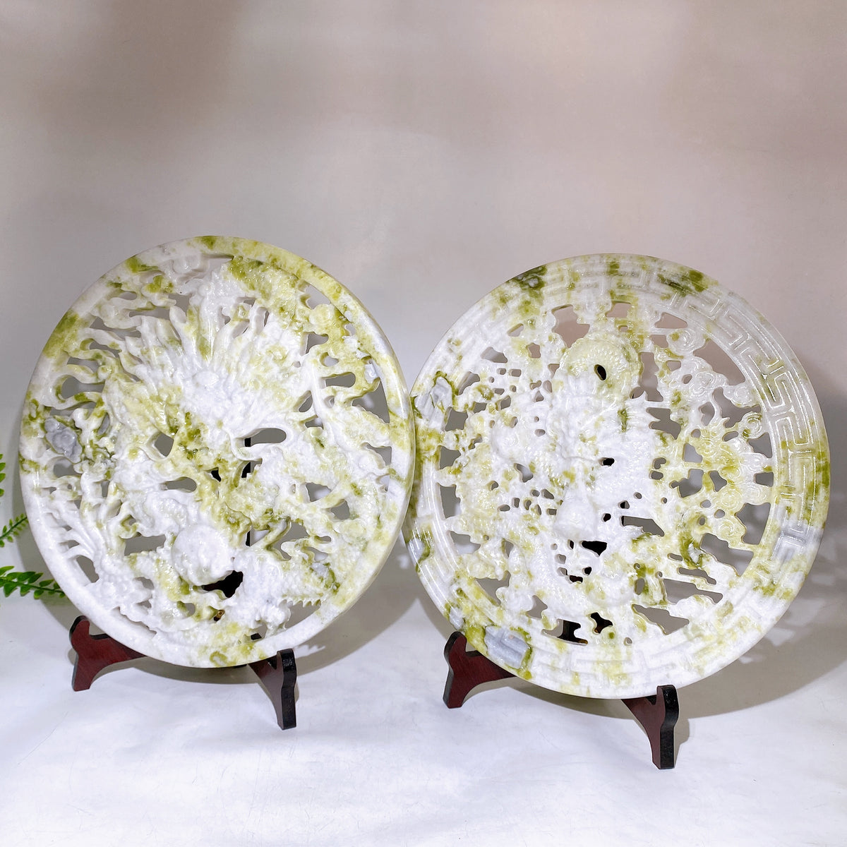 30cm Large Natrual Serpentine Hollowed Dragon Round Plate Carving with Stand Wholesale New Arrival